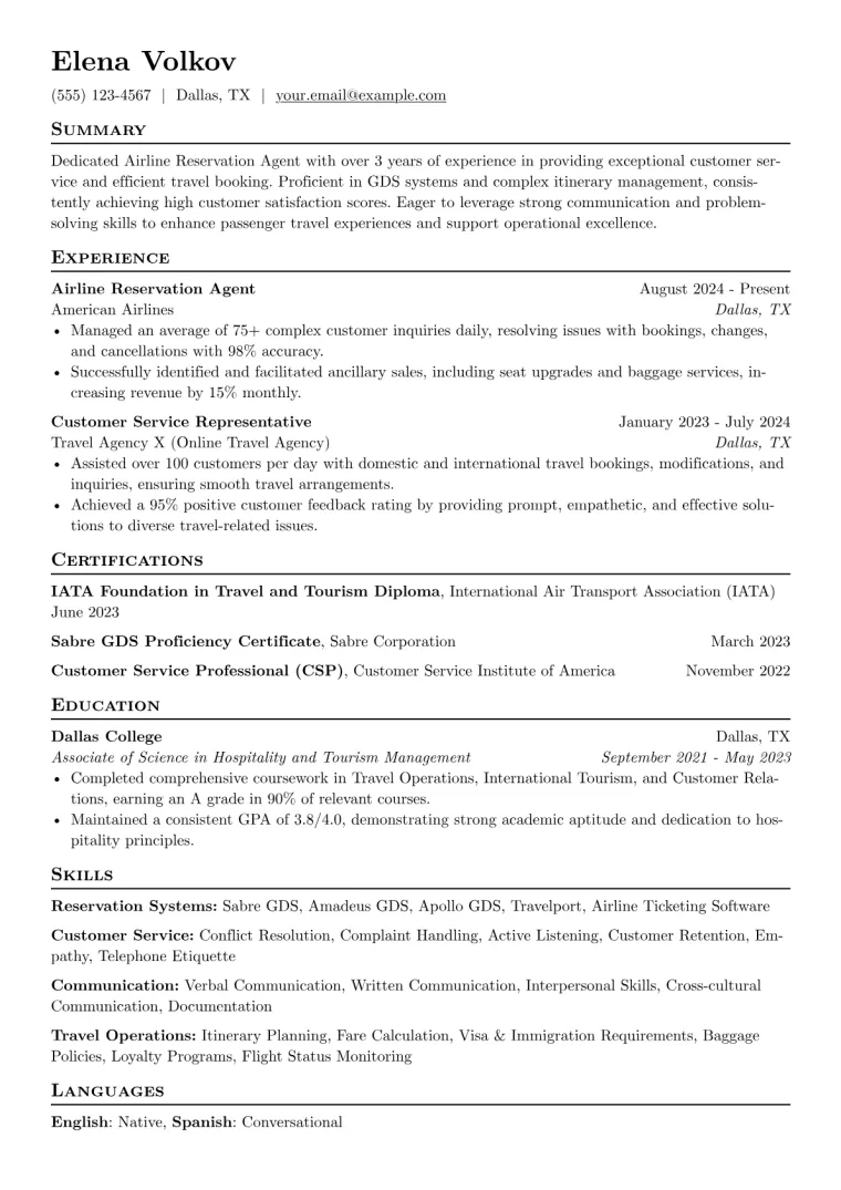 Airline Reservation Agent Resume Example preview