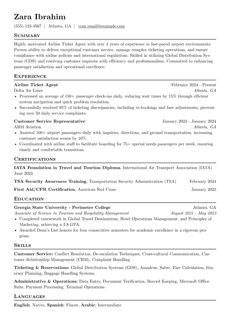 Airline Ticket Agent Resume Example CV template preview