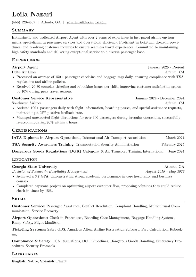 Airport Agent Resume Example preview