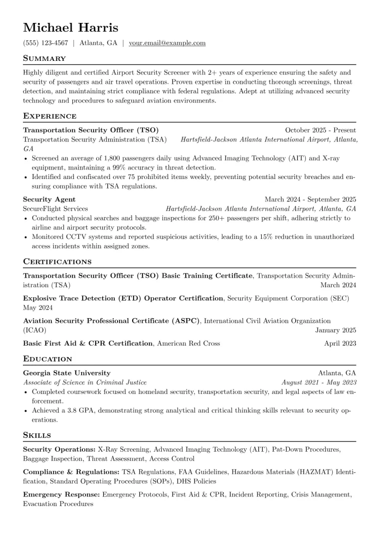 Airport Security Screener Resume Example preview