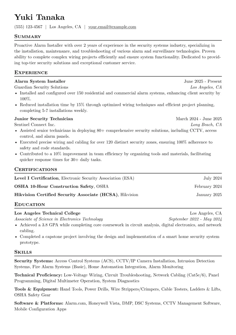 Alarm Installer Resume Example preview