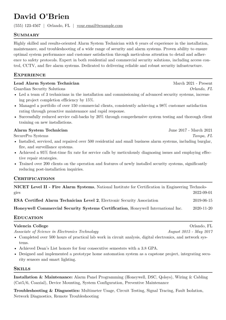 Alarm System Technician Resume Example CV template preview