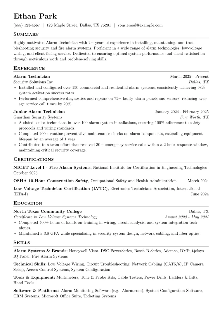 Alarm Technician Resume Example preview