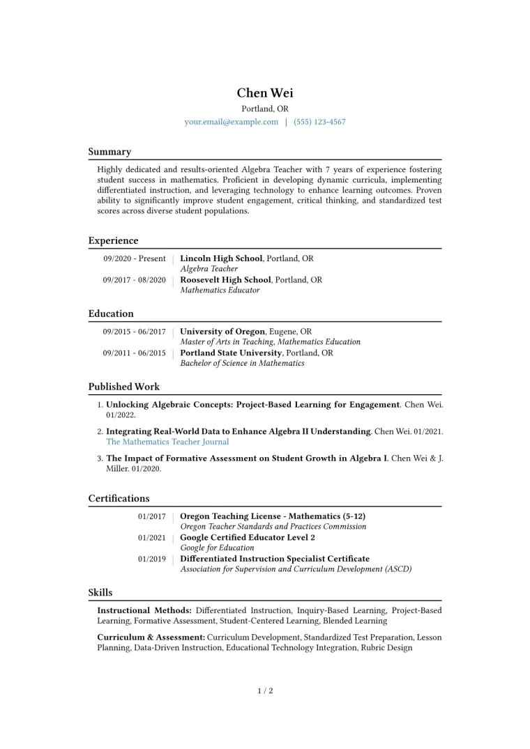 Algebra Teacher Resume Example CV template preview