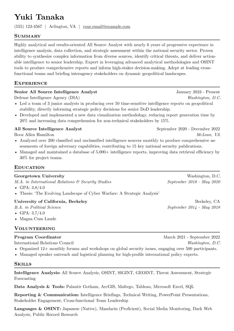 All Source Analyst Resume Example CV template preview