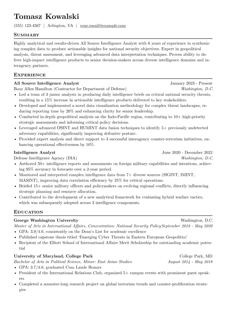 All Source Intelligence Analyst Resume Example preview