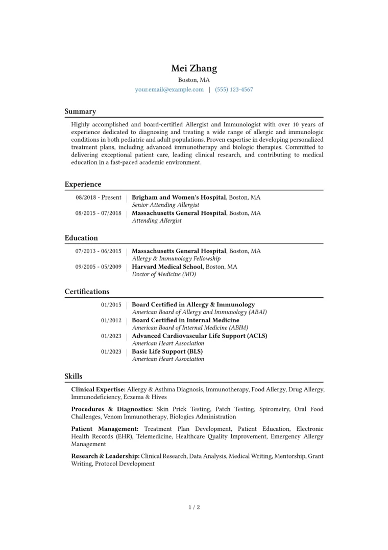 Allergist Resume Example CV template preview