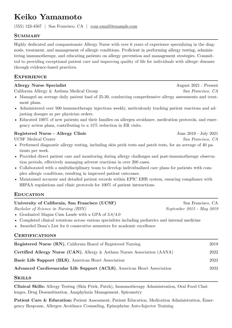 Allergy Nurse Resume Example CV template preview