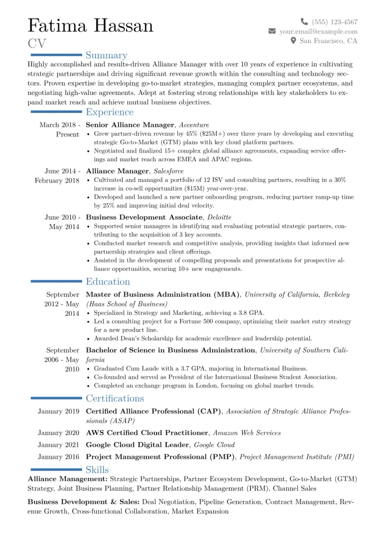 Alliance Manager Resume Example CV template preview