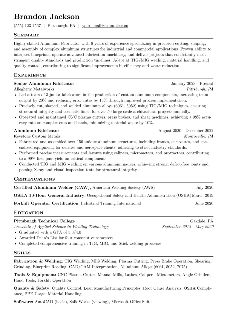 Aluminum Fabricator Resume Example preview