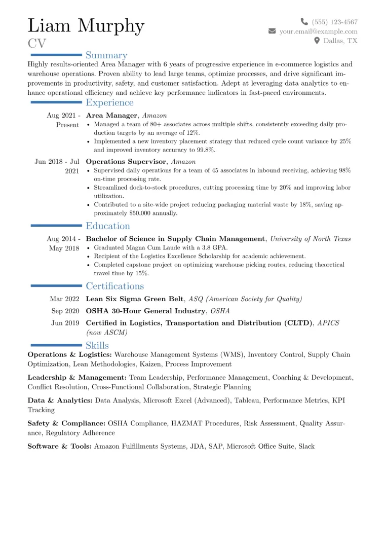 Amazon Area Manager Resume Example CV template preview