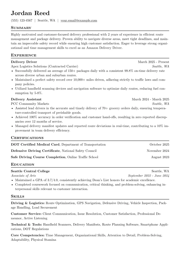 Amazon Delivery Driver Resume Example CV template preview