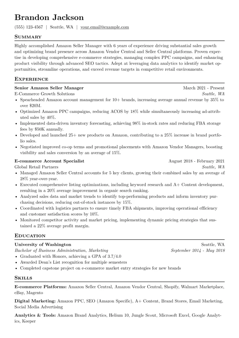 Amazon Seller Manager Resume Example CV template preview