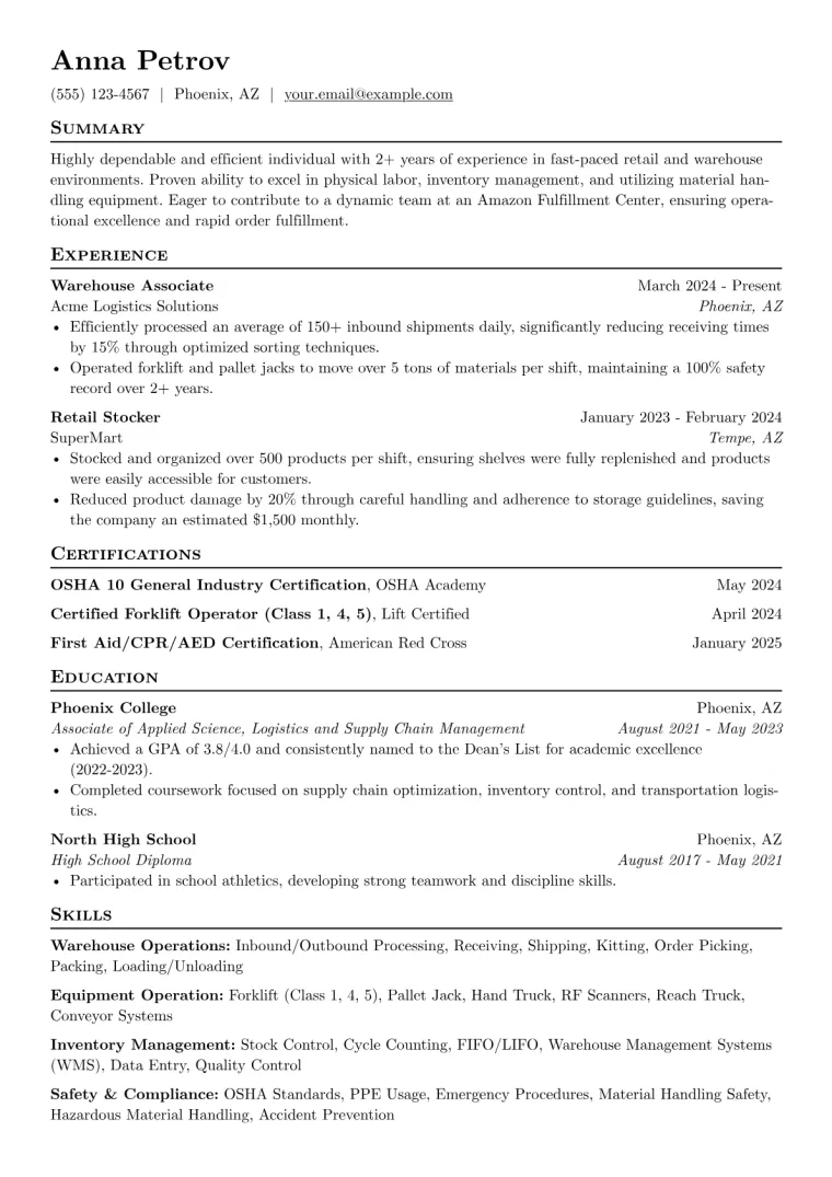 Amazon Warehouse Resume Example CV template preview