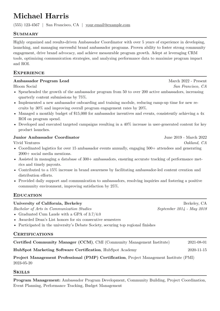 Ambassador Coordinator Resume Example CV template preview