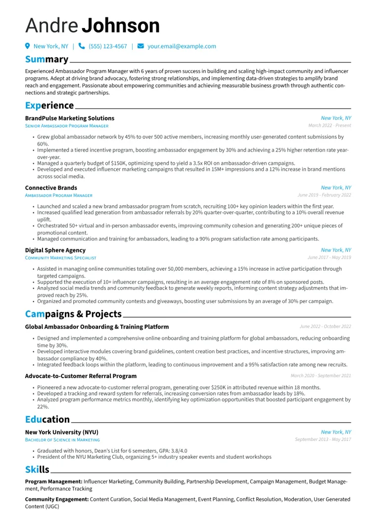 Ambassador Program Manager Resume Example CV template preview