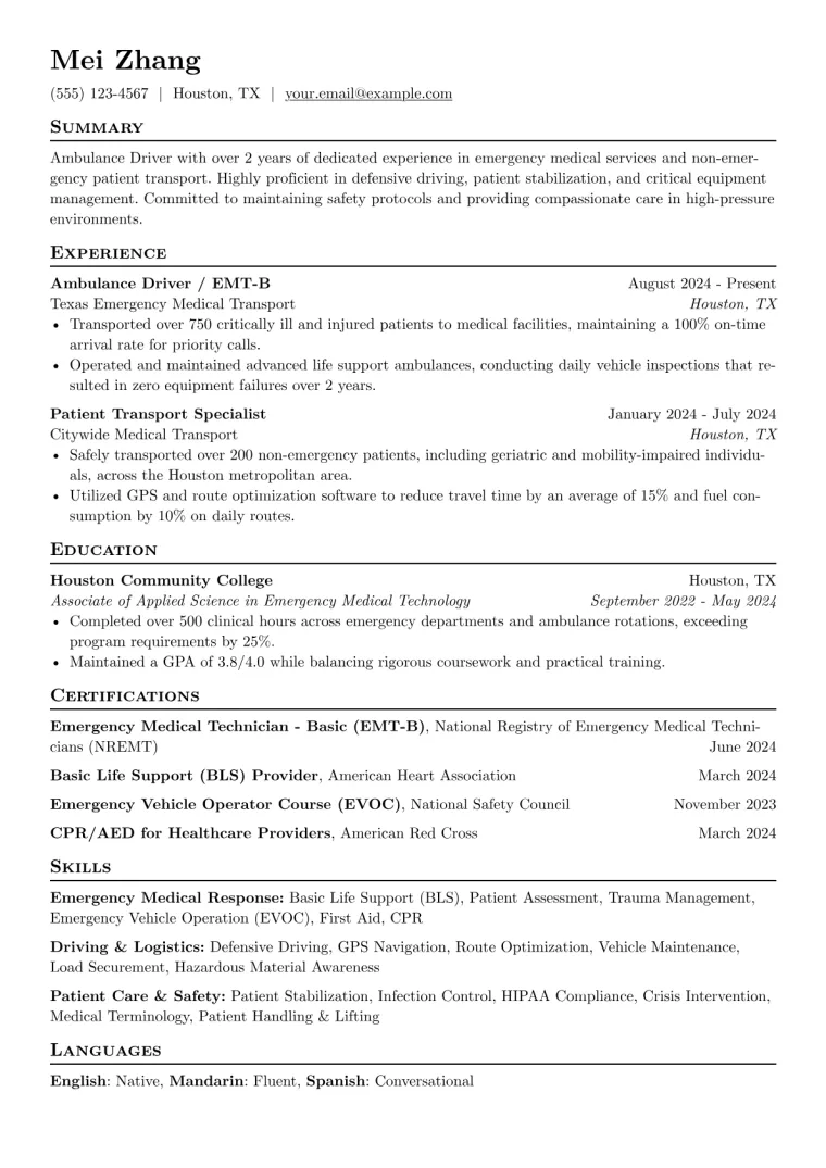 Ambulance Driver Resume Example CV template preview
