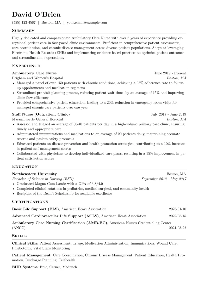 Ambulatory Care Nurse Resume Example CV template preview