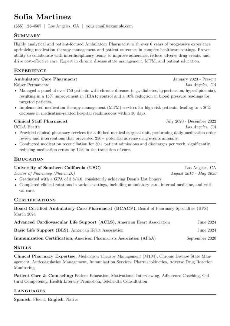 Ambulatory Pharmacist Resume Example preview