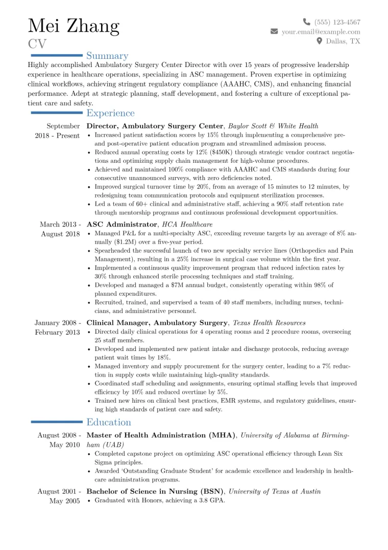 Ambulatory Surgery Center Director Resume Example CV template preview