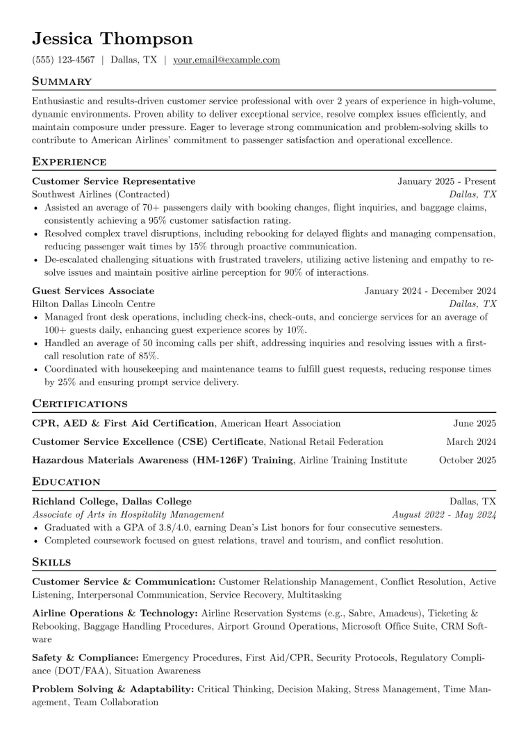 American Airlines Resume Example CV template preview