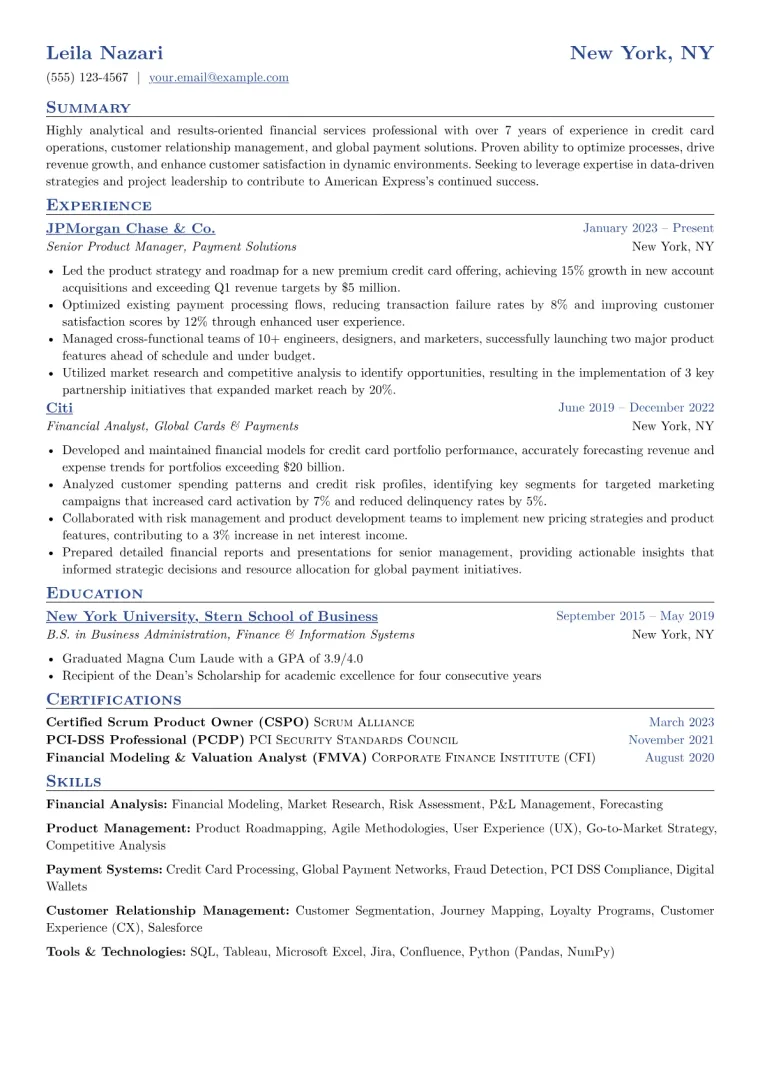 American Express Resume Example CV template preview