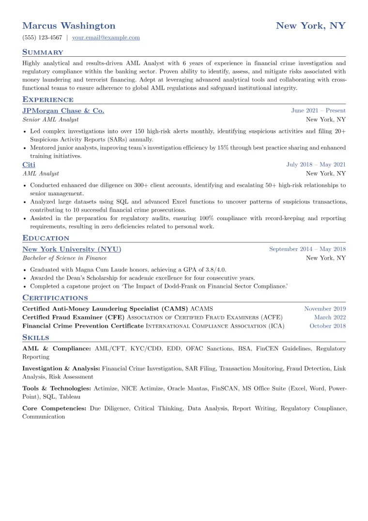 AML Analyst Resume Example CV template preview