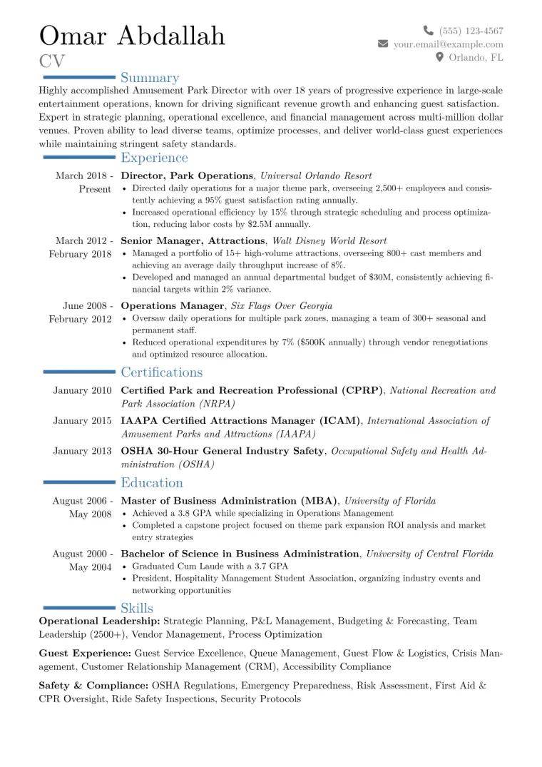 Amusement Park Director Resume Example CV template preview