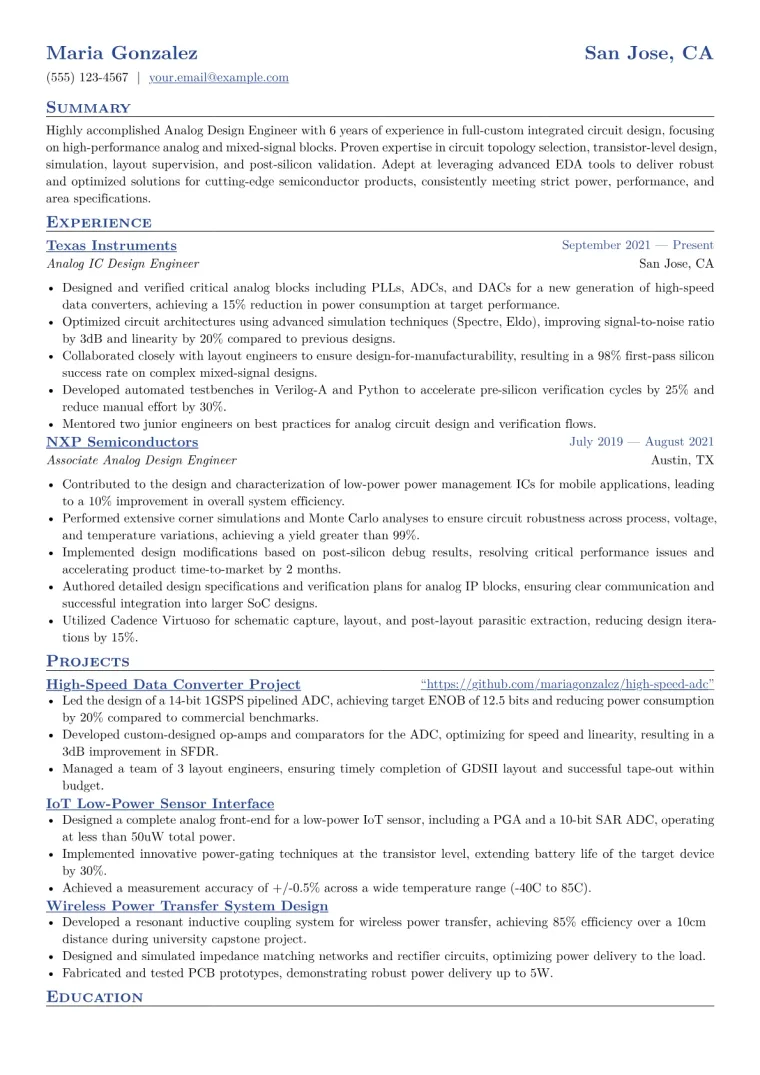 Analog Design Engineer Resume Example CV template preview
