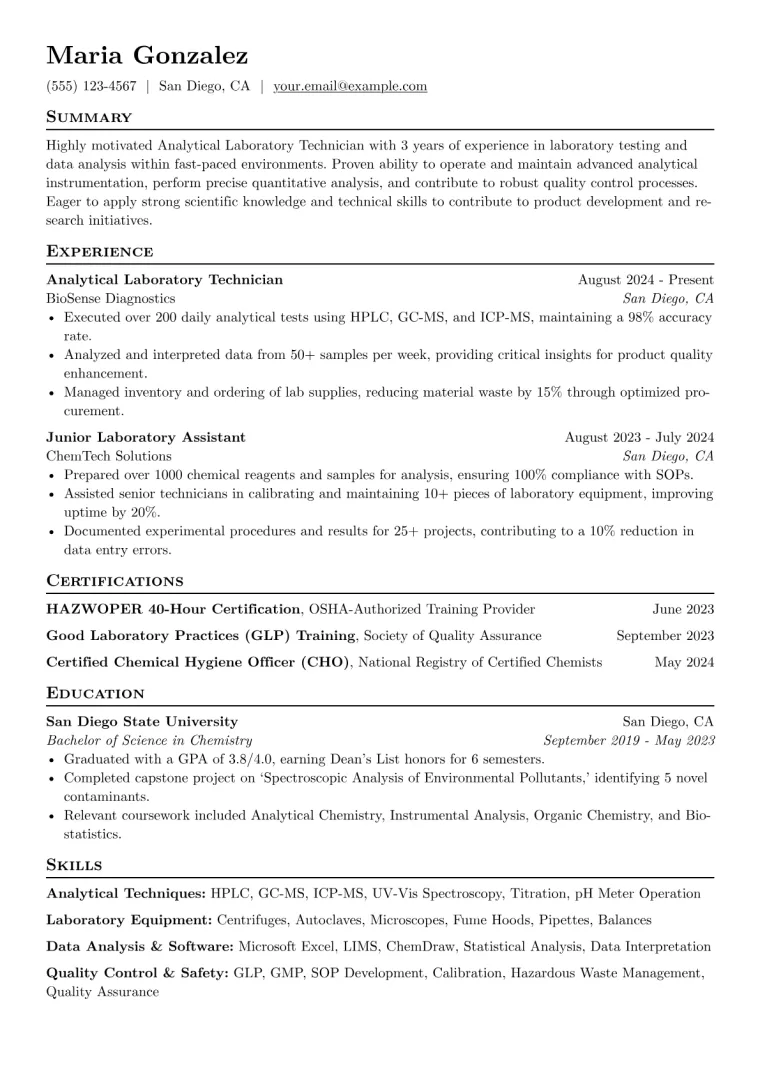 Analytical Laboratory Technician Resume Example preview
