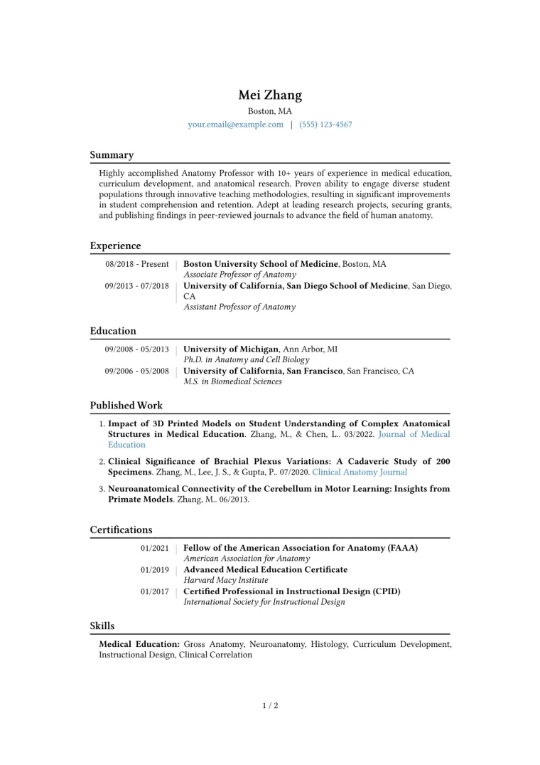 Anatomy Professor Resume Example CV template preview