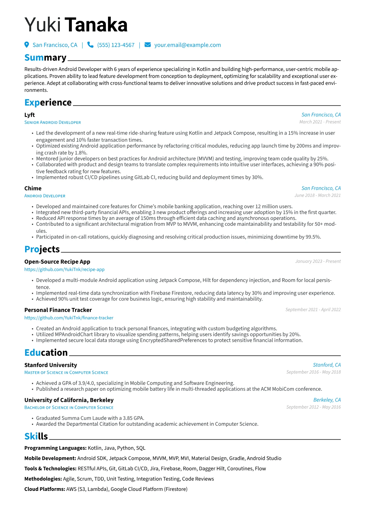 Android Developer resume example, page 1