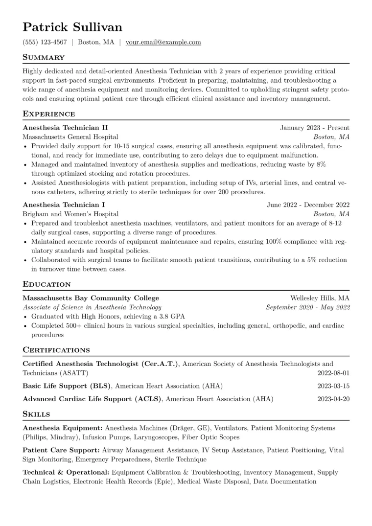 Anesthesia Technician Resume Example CV template preview