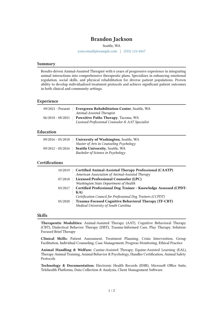 Animal-Assisted Therapist Resume Example CV template preview
