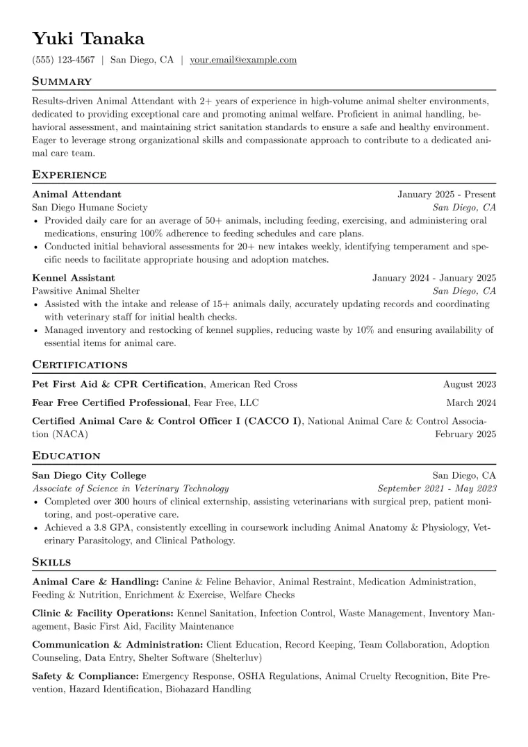 Animal Attendant Resume Example preview