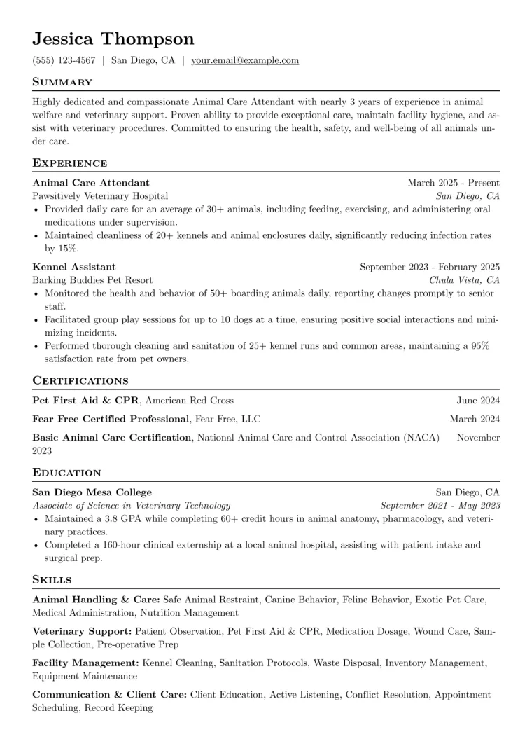 Animal Care Attendant Resume Example preview