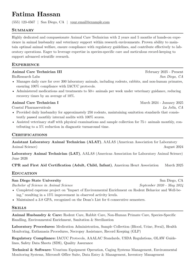Animal Care Technician Resume Example preview