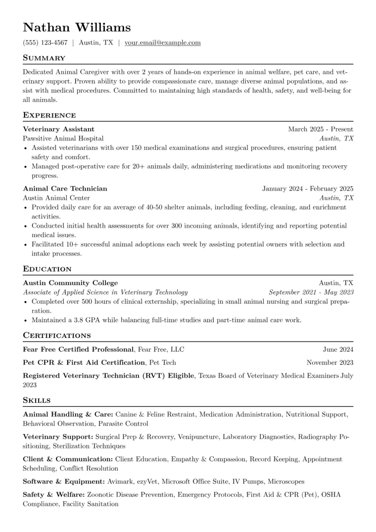 Animal Caregiver Resume Example CV template preview
