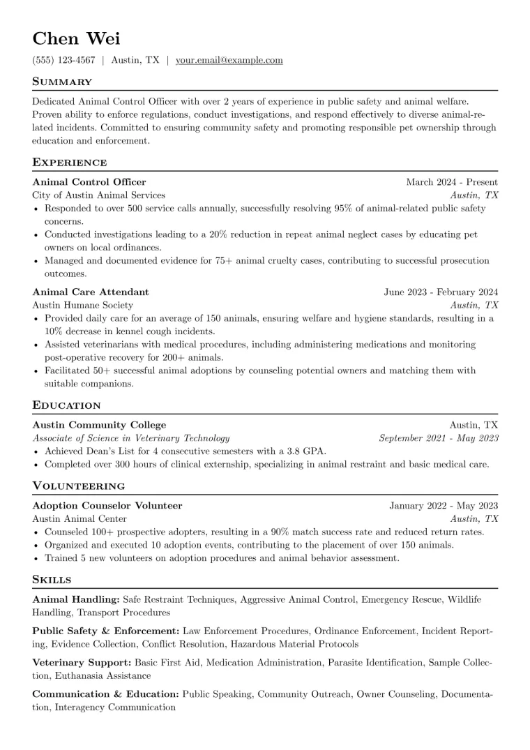 Animal Control Officer Resume Example preview