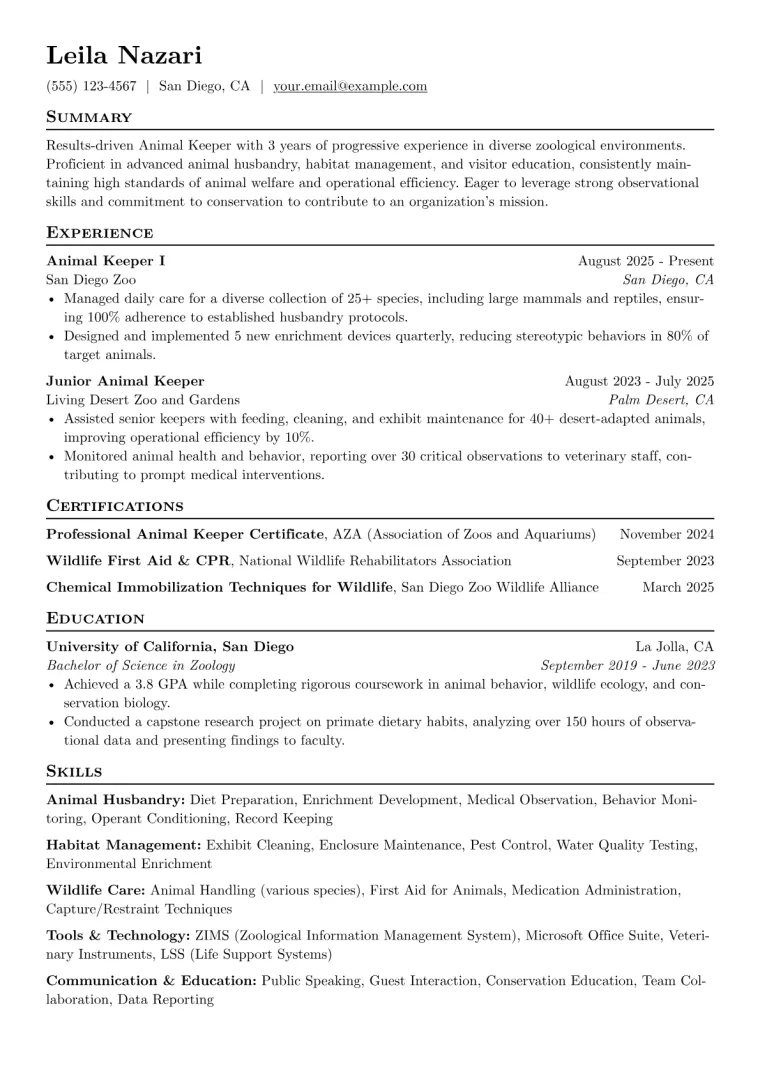 Animal Keeper Resume Example preview