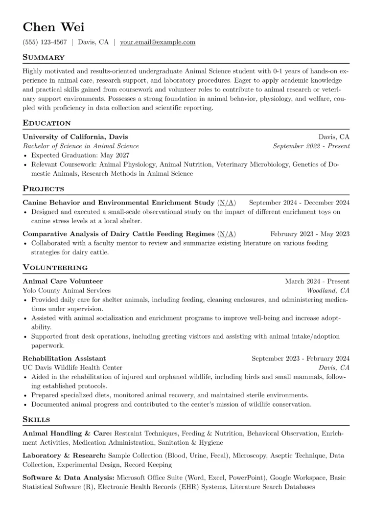 Animal Science Student Resume Example preview