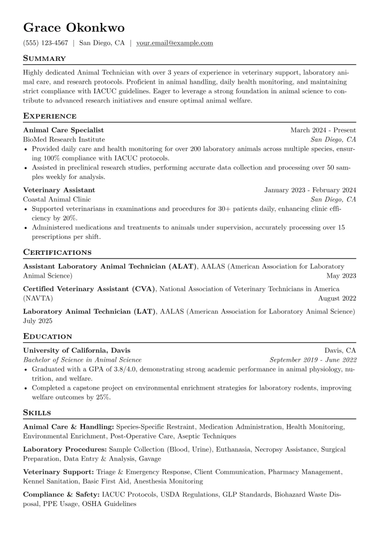 Animal Technician Resume Example preview