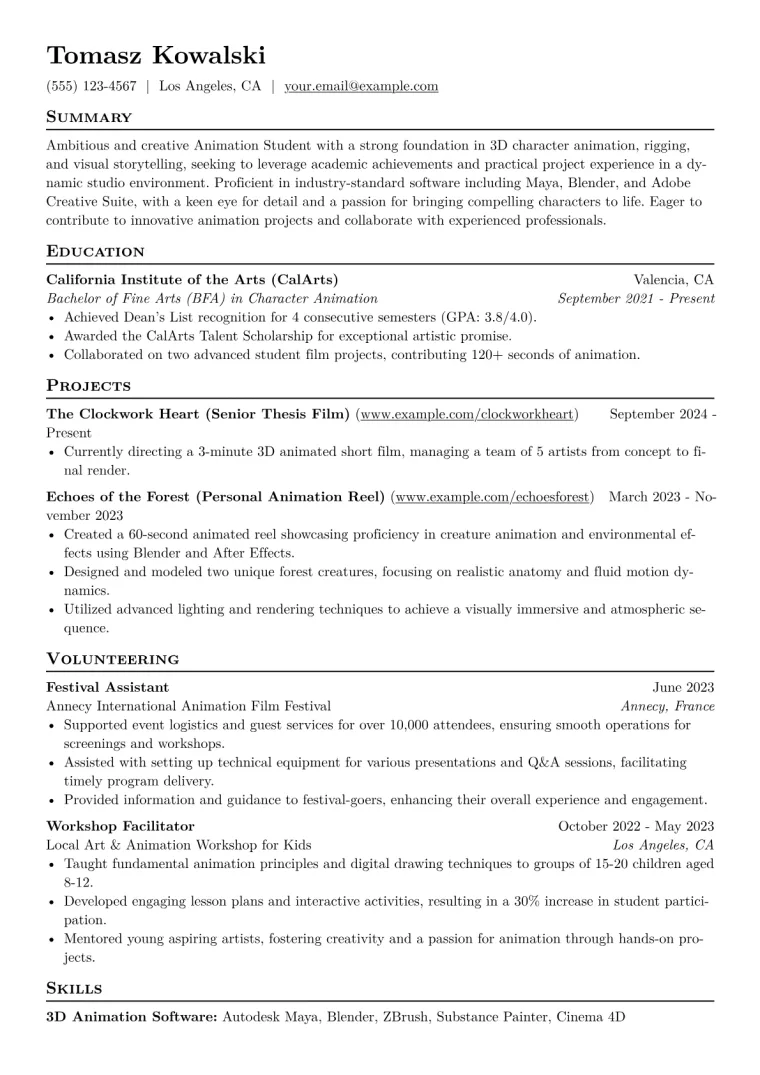 Animation Student Resume Example CV template preview