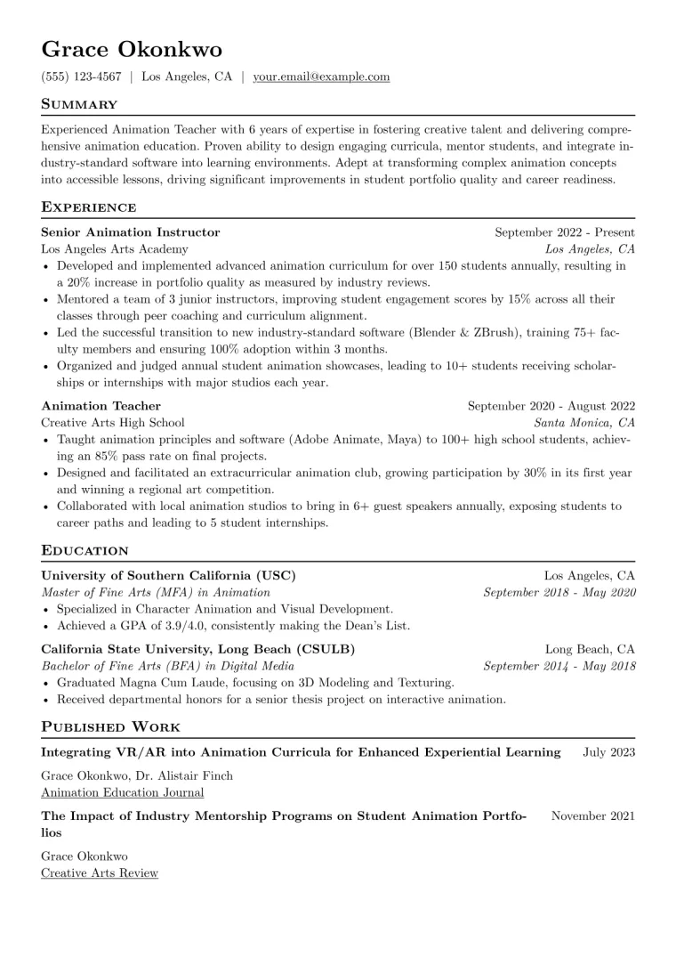 Animation Teacher Resume Example preview