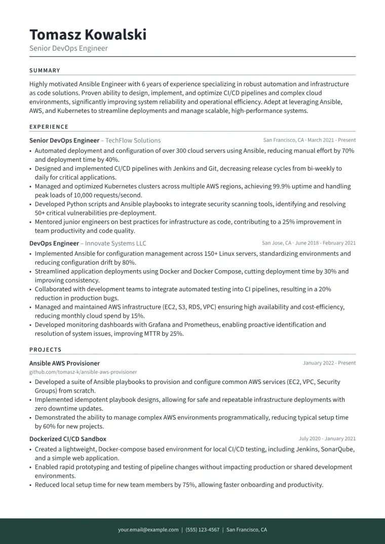 Ansible Engineer Resume Example CV template preview