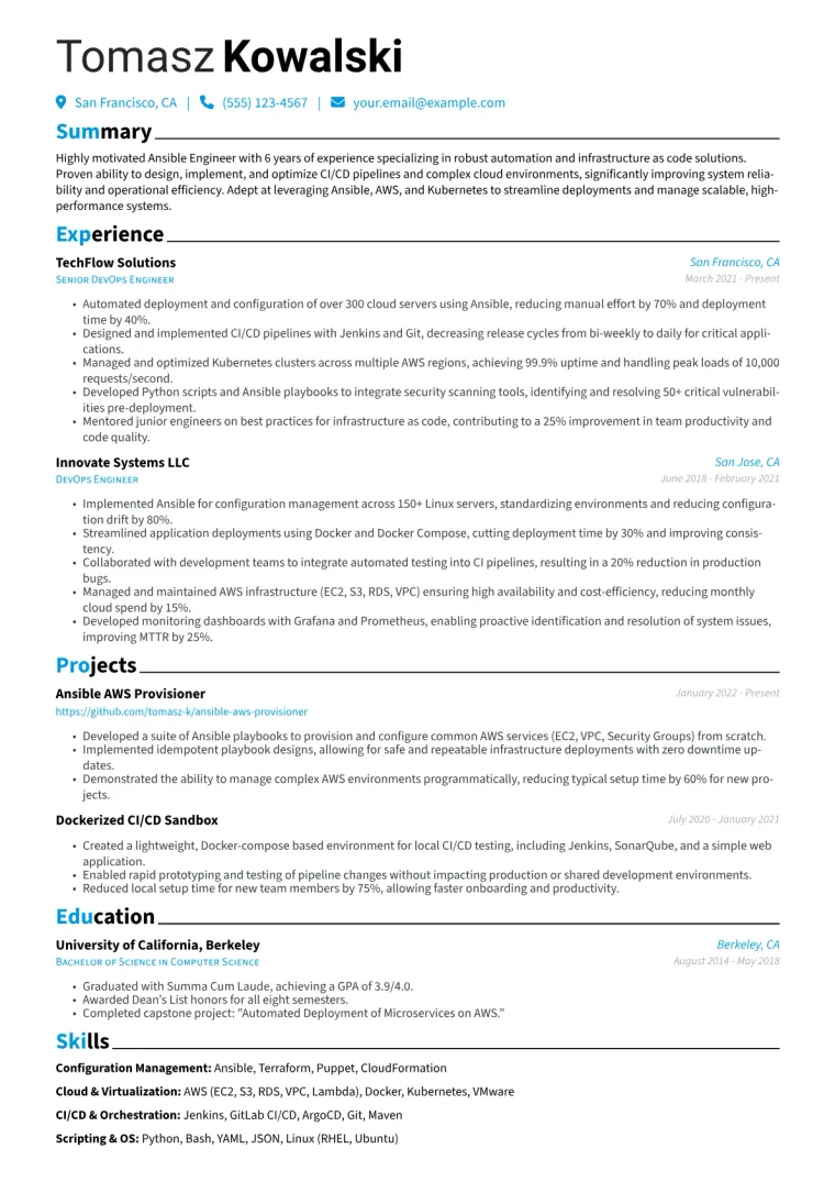 Ansible Engineer Resume Example CV template preview