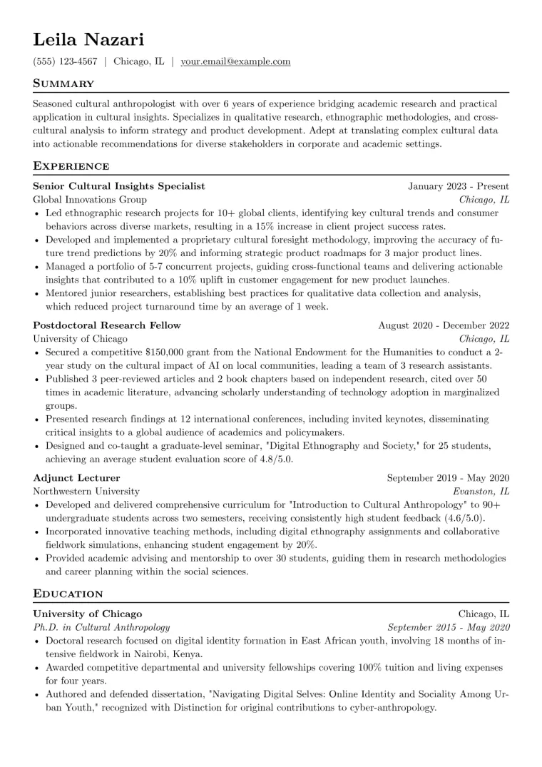 Anthropologist Resume Example CV template preview