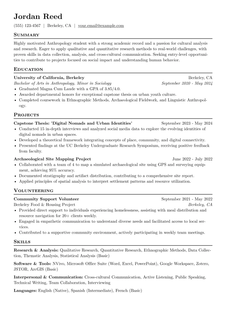 Anthropology Student Resume Example CV template preview