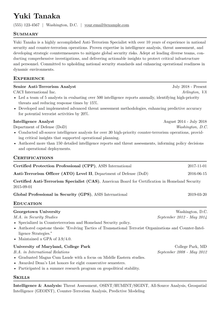 Anti-Terrorism Specialist Resume Example CV template preview