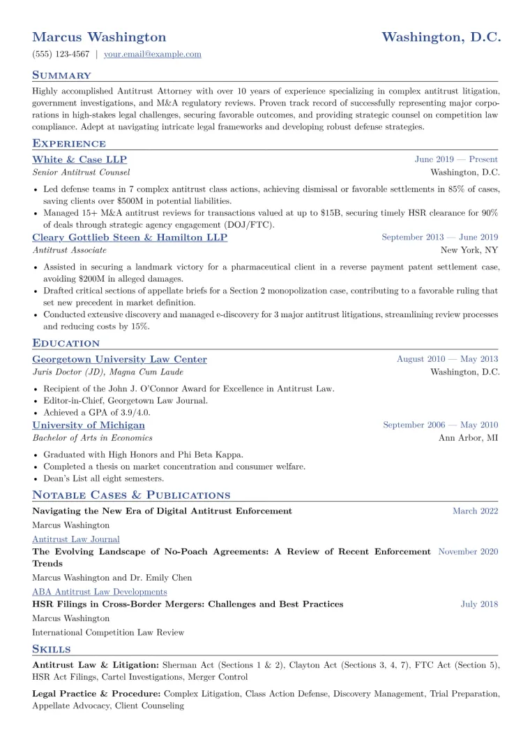 Antitrust Attorney Resume Example CV template preview